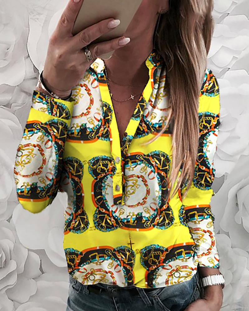 

Chain Print Button Design Casual Shirt, Yellow