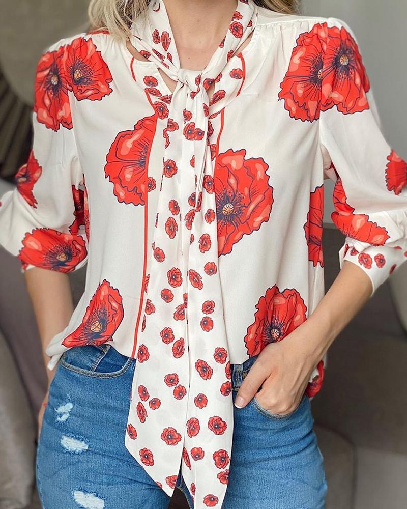 

Tied Front Floral Print Casual Shirt, Red