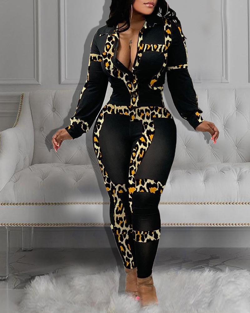 

Deep V Neck Leopard Print Jumpsuit, Brown