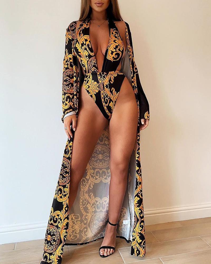 

Print Cover Up & One-piece Swimsuit Set, Yellow