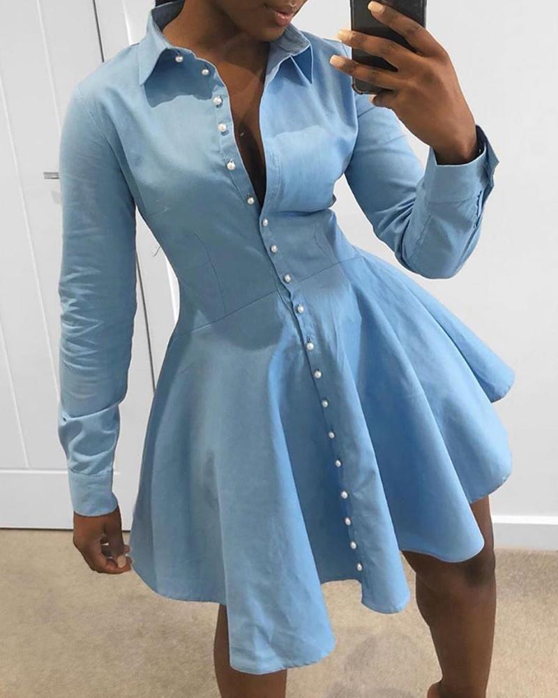 

Turn-down Collar Long Sleeve Ruched Buttoned Shirt Dress, Sky blue