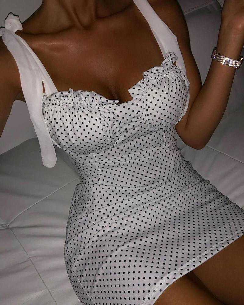 

Polkadot Print Frill Hem Tied Detail Dress, White