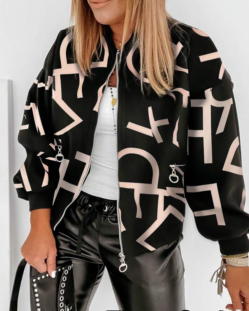

Letter Print Zipper Pocket Design Casual Jacket, Black