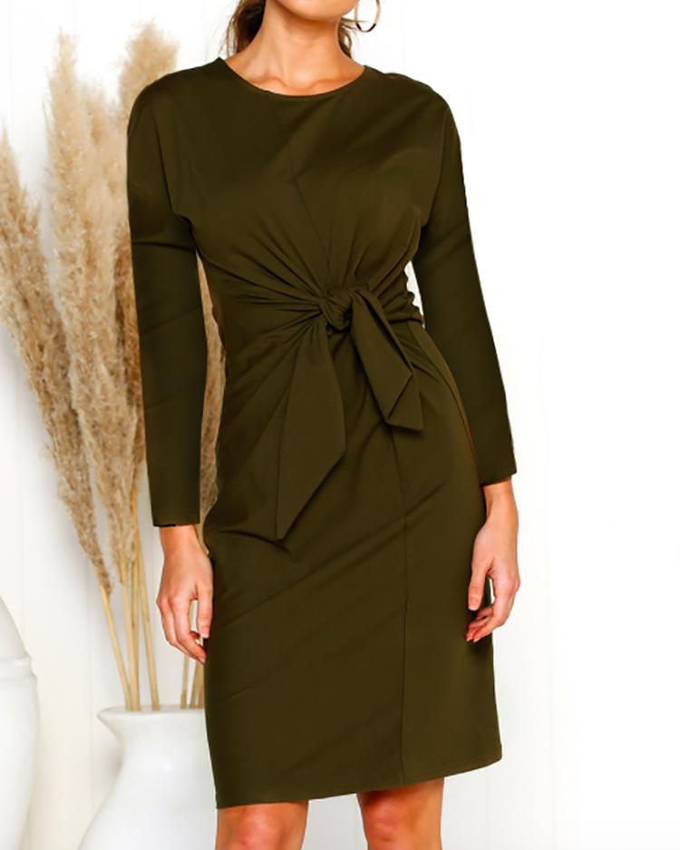 

Solid Long Sleeve Twisted Knot Front Casual Dress, Army green