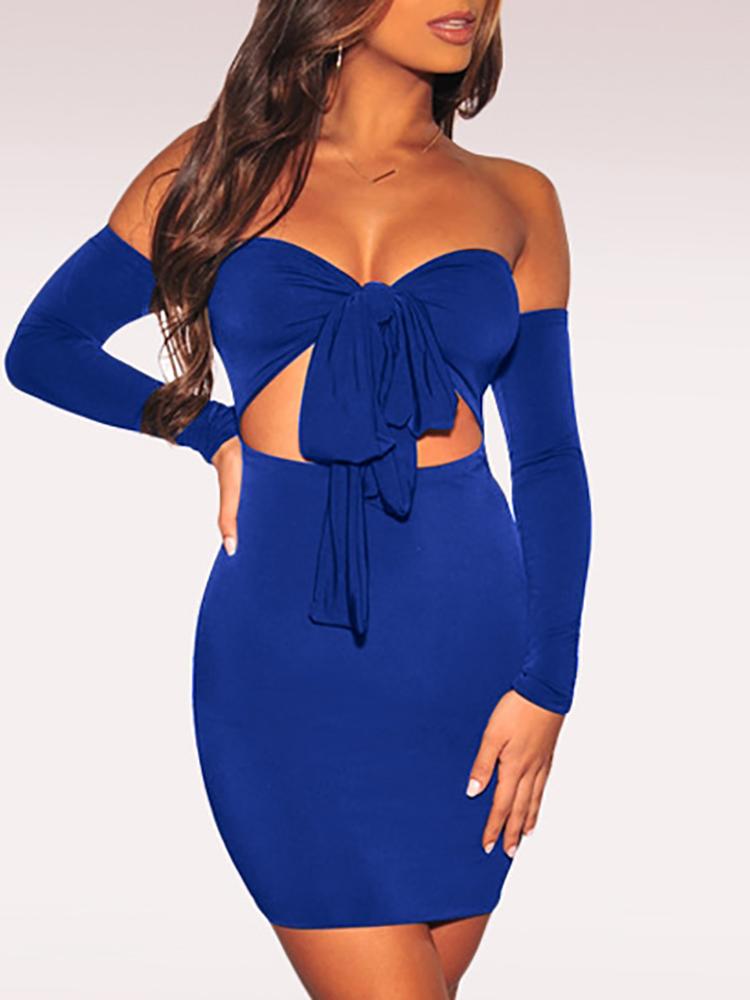

Off Shoulder Tied Front Cutout Bodycon Dress, Blue