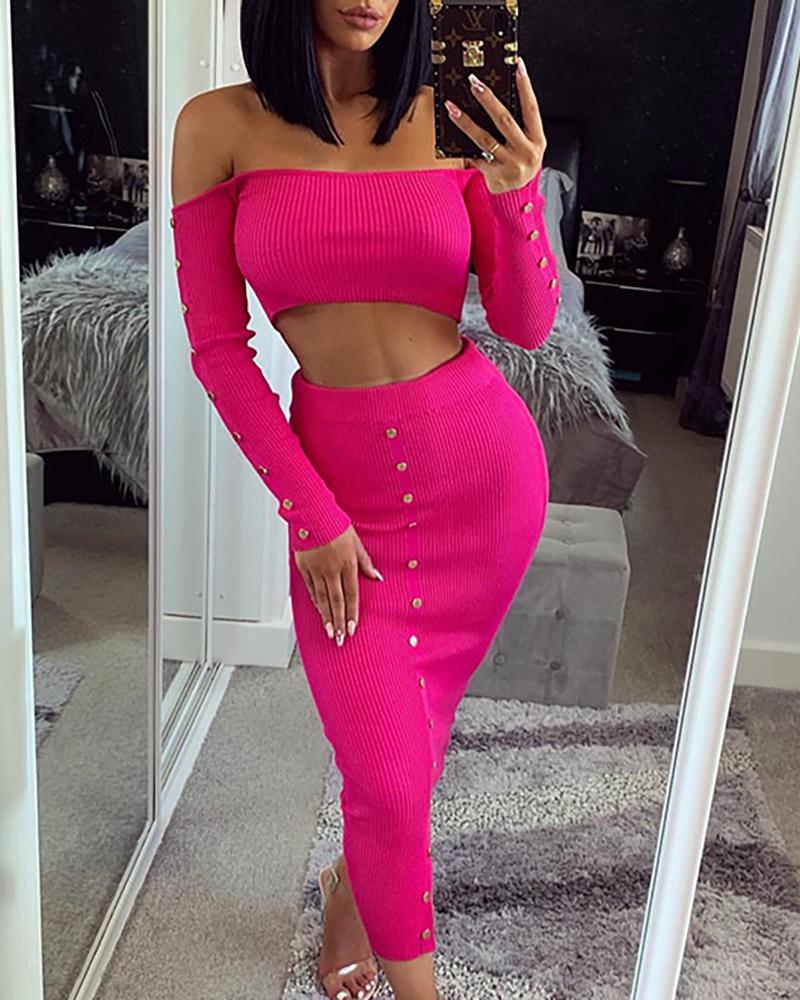 

Solid Off Shoulder Buttoned Crop Top & Skirt Sets, Hot pink