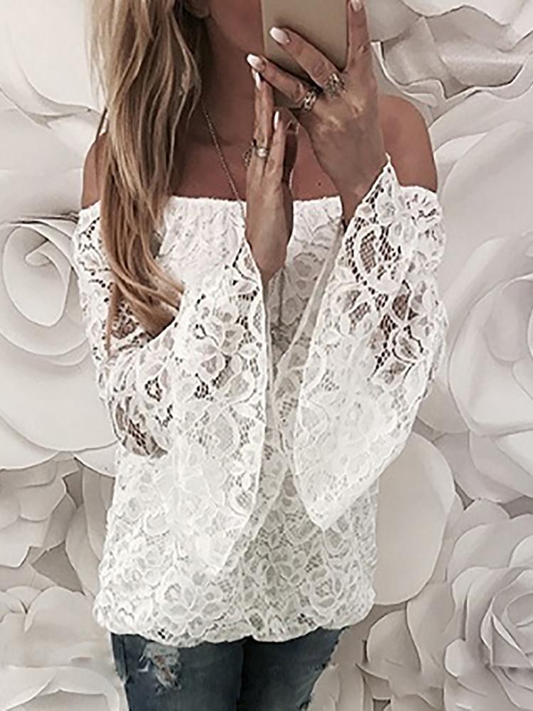 

Woman Lace Off Shoulder Flared Sleeve Blouse, White