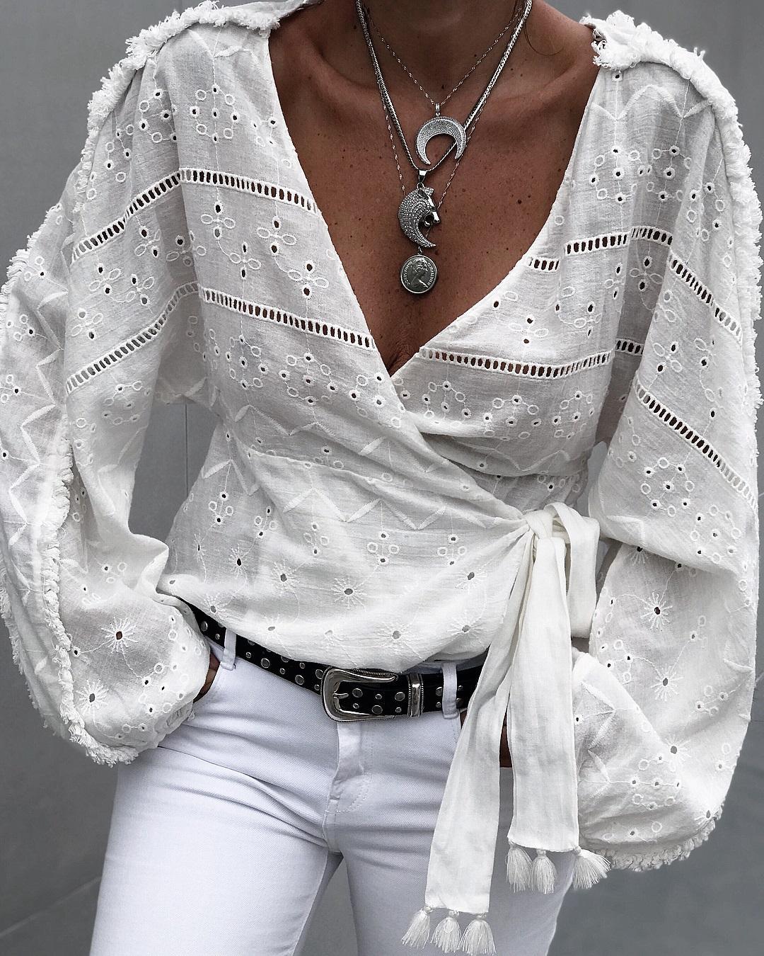 

Lantern Sleeve Hollow Out Knotted Blouse