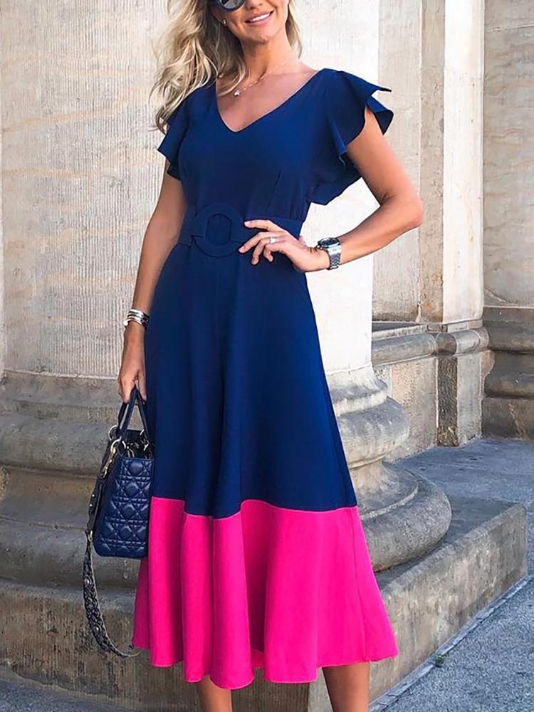 

Contrast Color Splicing Flutter Sleeve Casual Dress