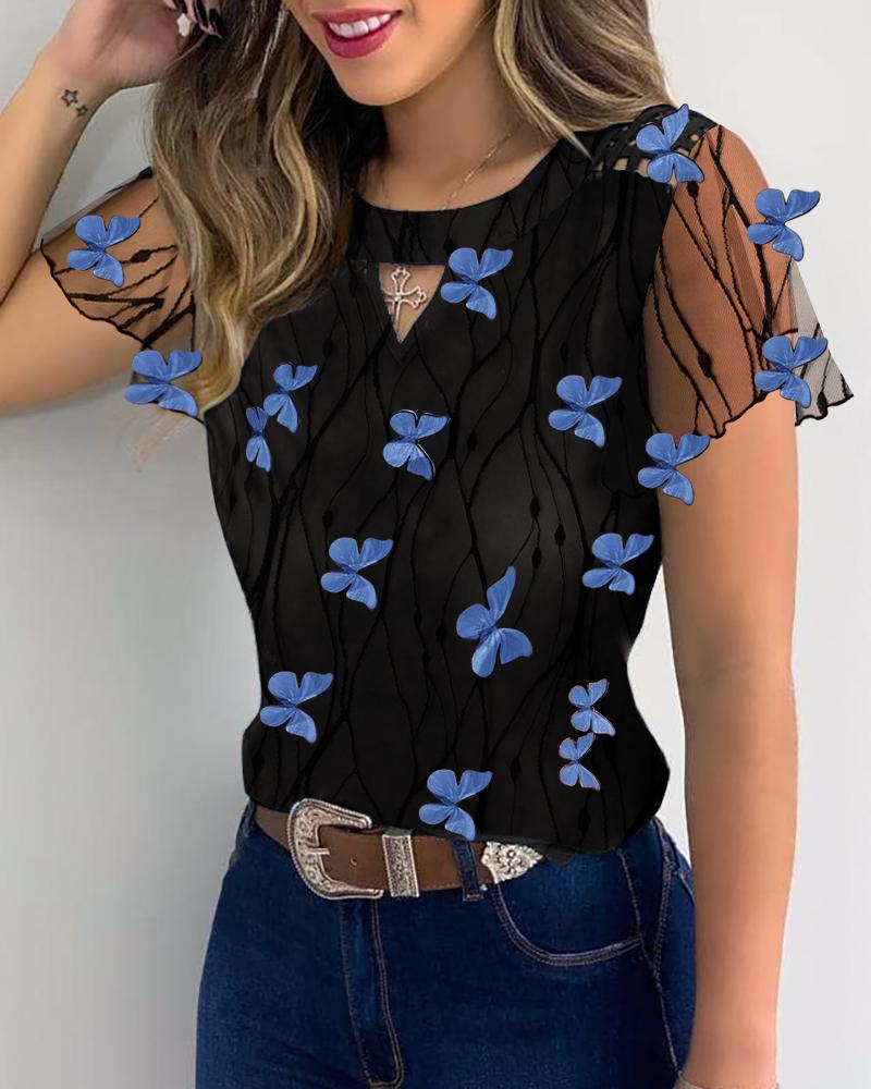 

Butterfly Pattern Sheer Mesh Casual Blouse, Black