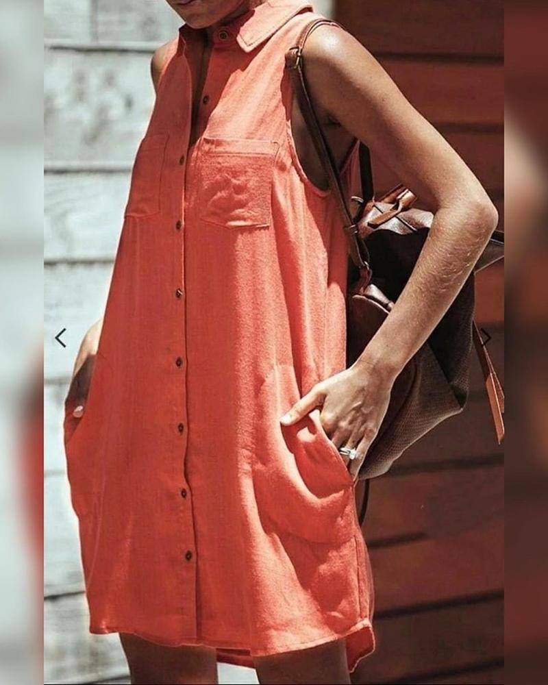 

Buttoned Pocket Design Sleeveless Shirt Dress, Orange
