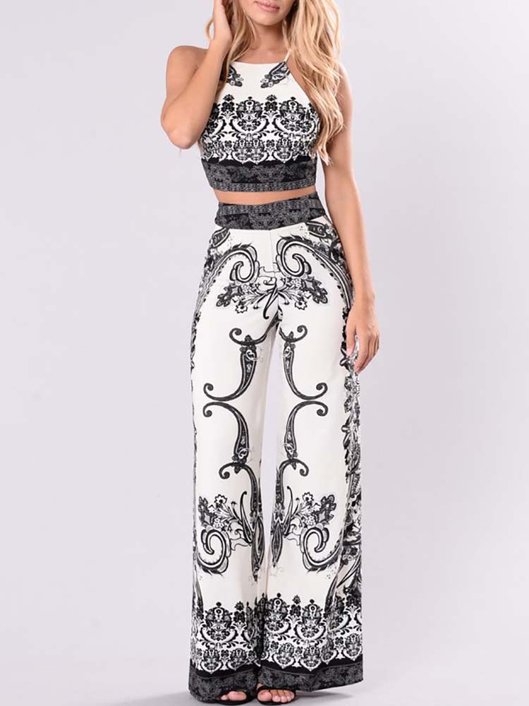 

2PCS Printed Backless Cropped Wide Leg Suit Sets, White