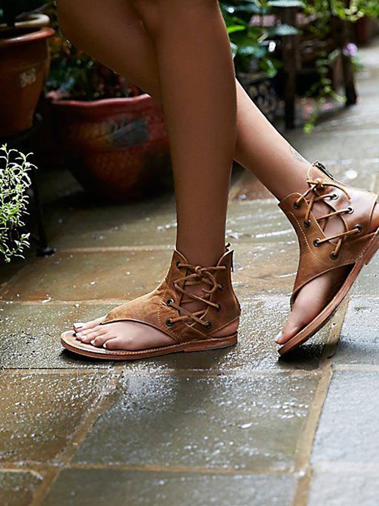 

Lace-up Cutout Toe Post Flat Gladiator Sandals