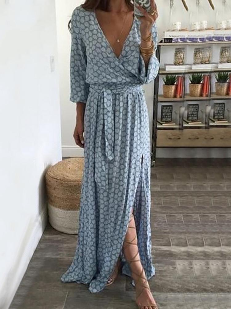 

Boho Style Tied Sleeve High Slit Maxi Wrap Dress