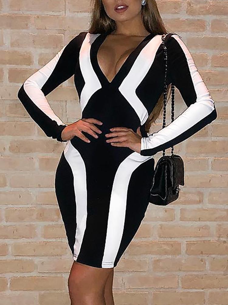 

Formal Contrast Color Deep V Sheath Dress, Black