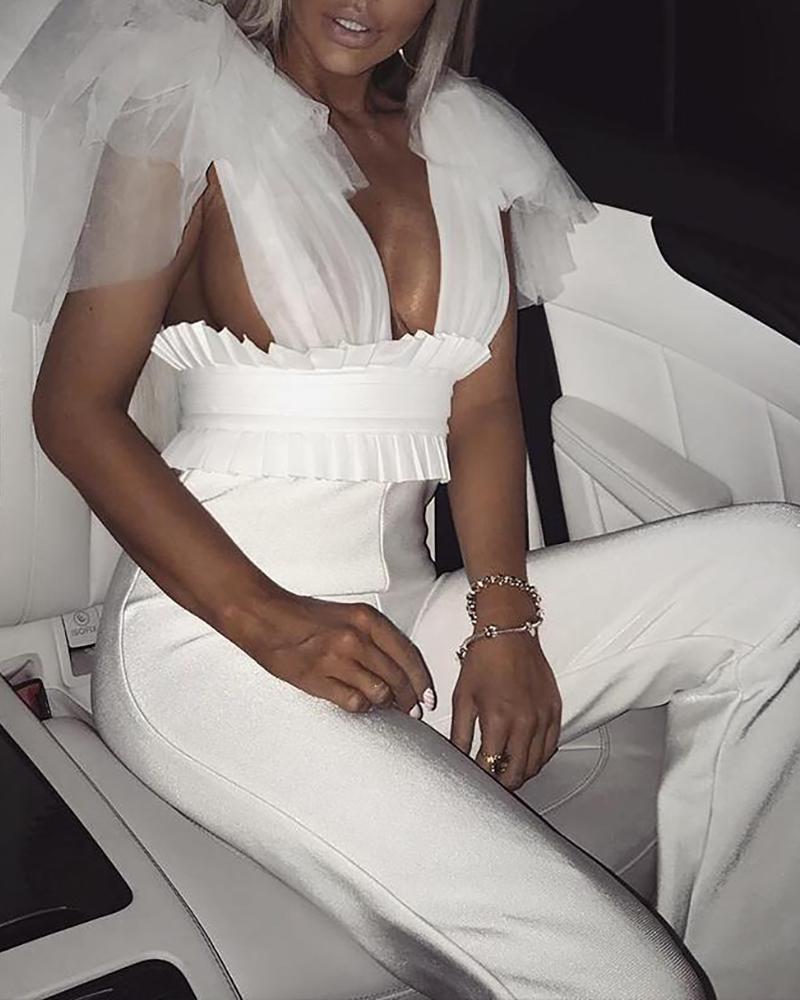 

V Neck Pleated Mesh Insert Sleeveless PU Jumpsuit, White