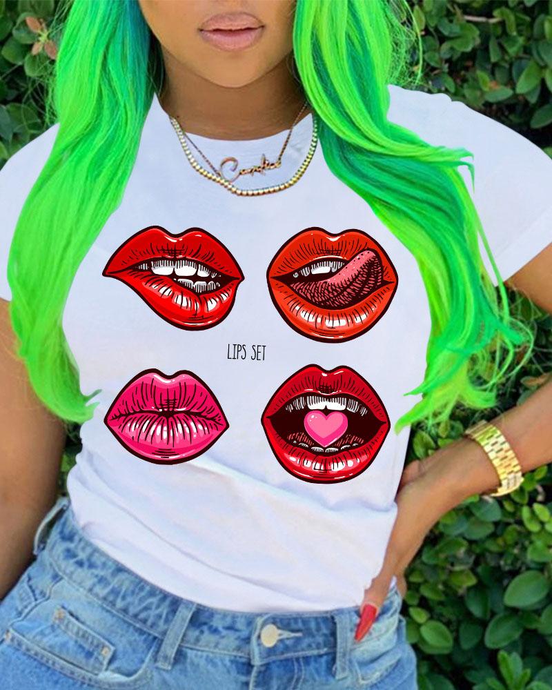 

Lip Letter Print Short Sleeve Casual T-shirt, White