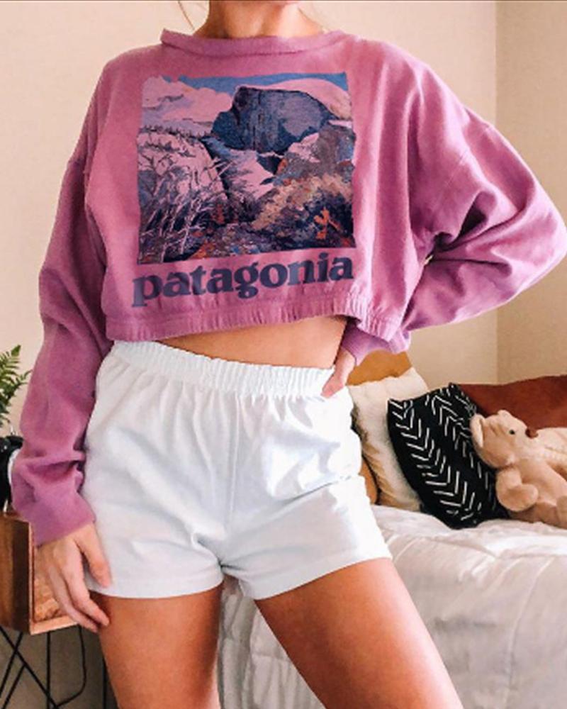 

Landscape Print Long Sleeve Hooded Sweatshirts, Pink