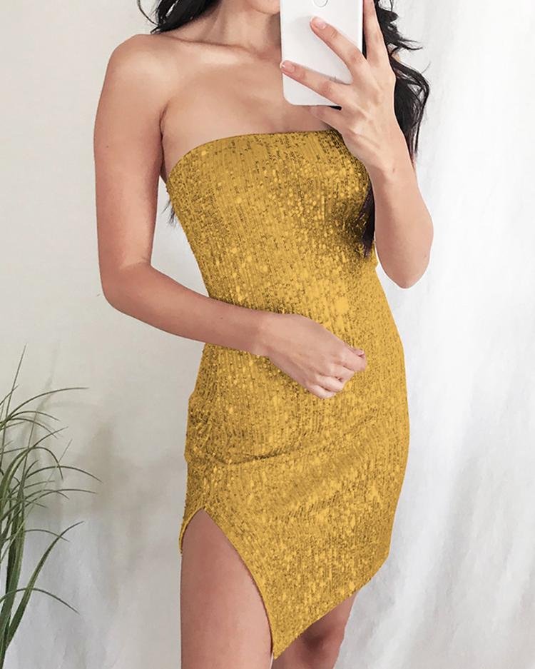 

Bandeau Side Slit Sequin Dress, Gold