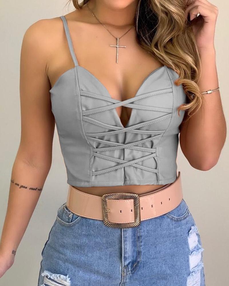 

Spaghetti Strap Plain Lace-up Crop Top, Gray