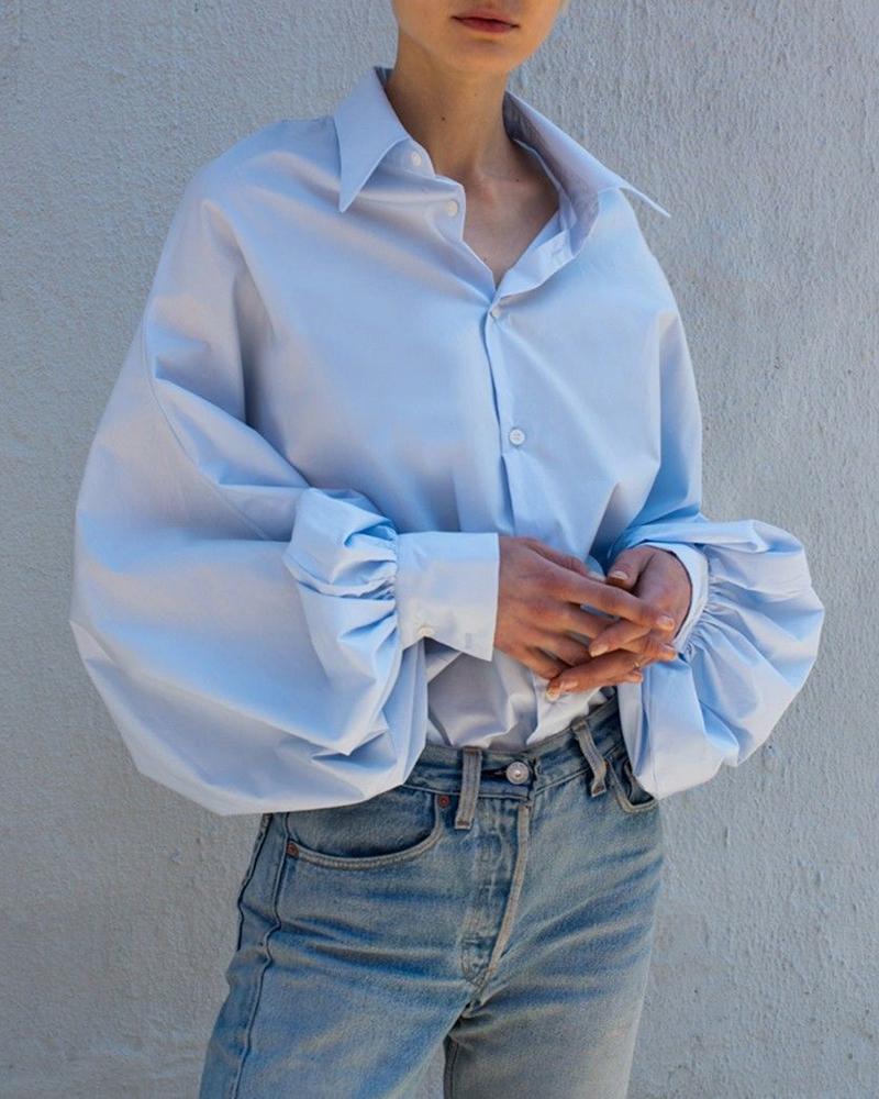 

Solid Lantern Sleeve Casual Shirt