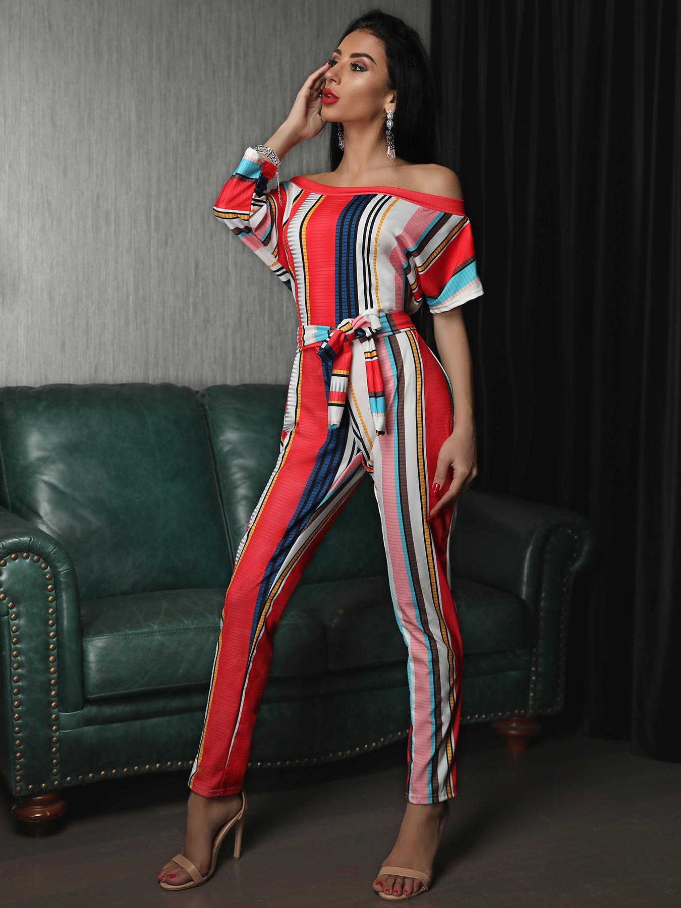 

Stylish Colorful Striped Belted Slinky Jumpsuit, Red