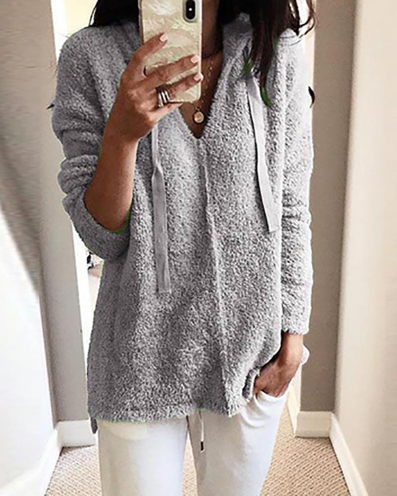 

Solid Fluffy Drawstring Design Casual Hoodie, Gray