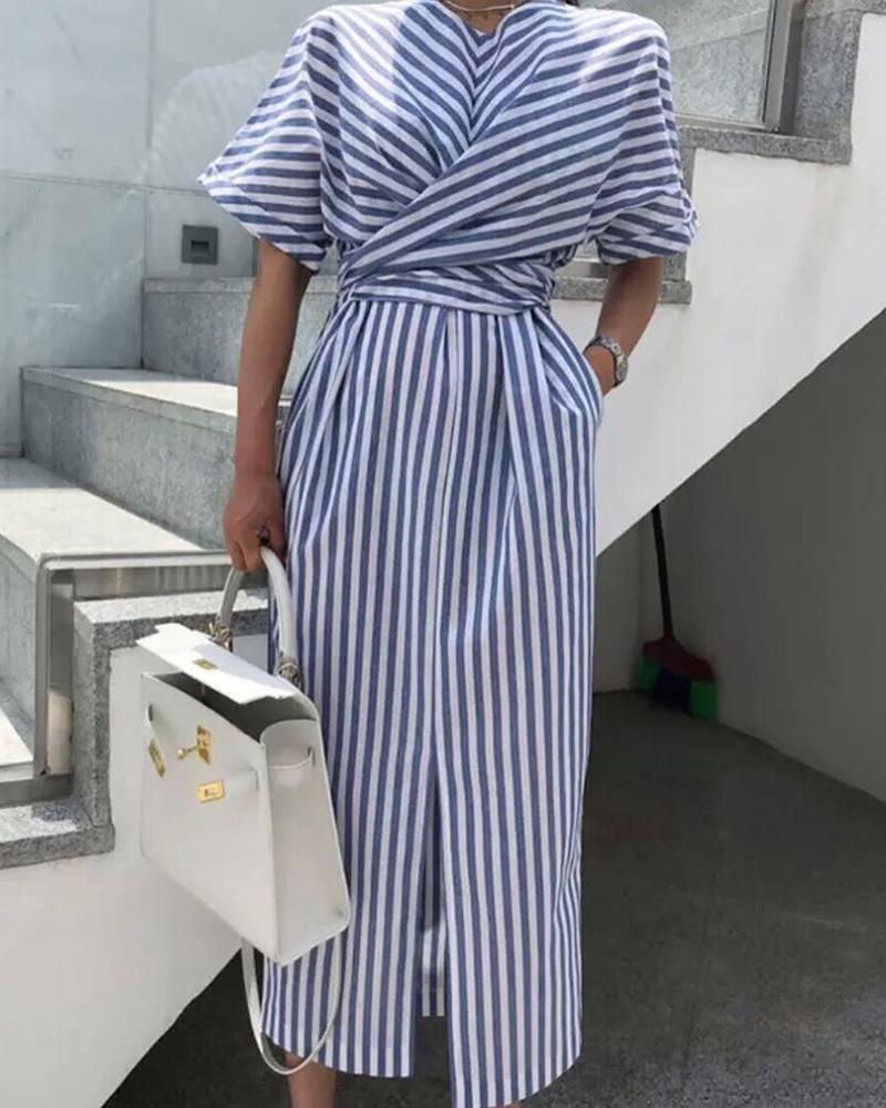 

Striped Crisscross Twisted Design Casual Dress, Blue