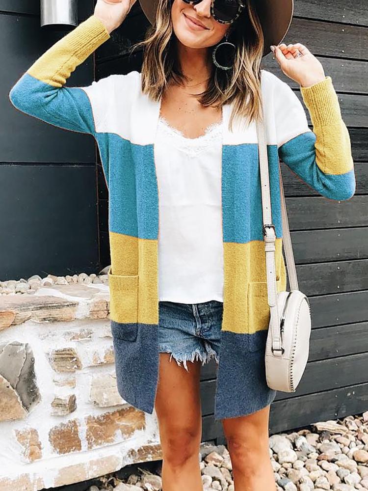 

Colorblock Striped Open Front Casual Cardigan, Blue