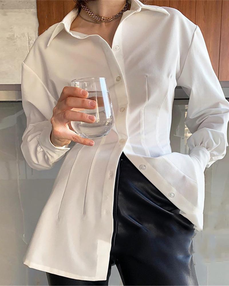 

Plain Lantern Sleeve Button Front Shirt, White