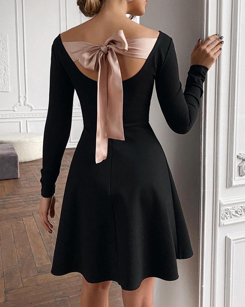 

Bowknot Long Sleeve Casual Dress, Black