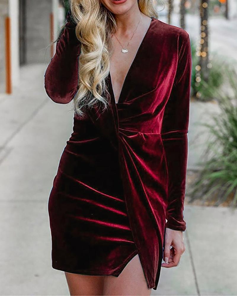 

Plain Knotted Ruched Long Sleeve Dress, Wine red