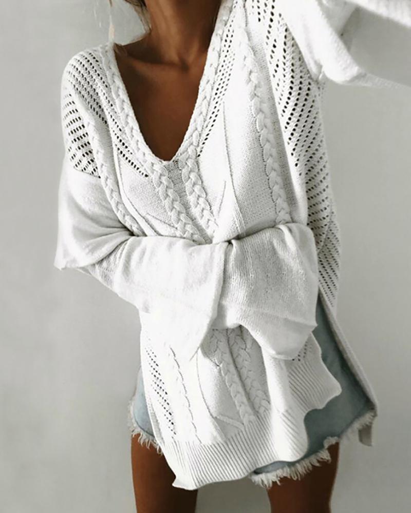 

Solid Hollow Out Side Slit Knit Sweater, White