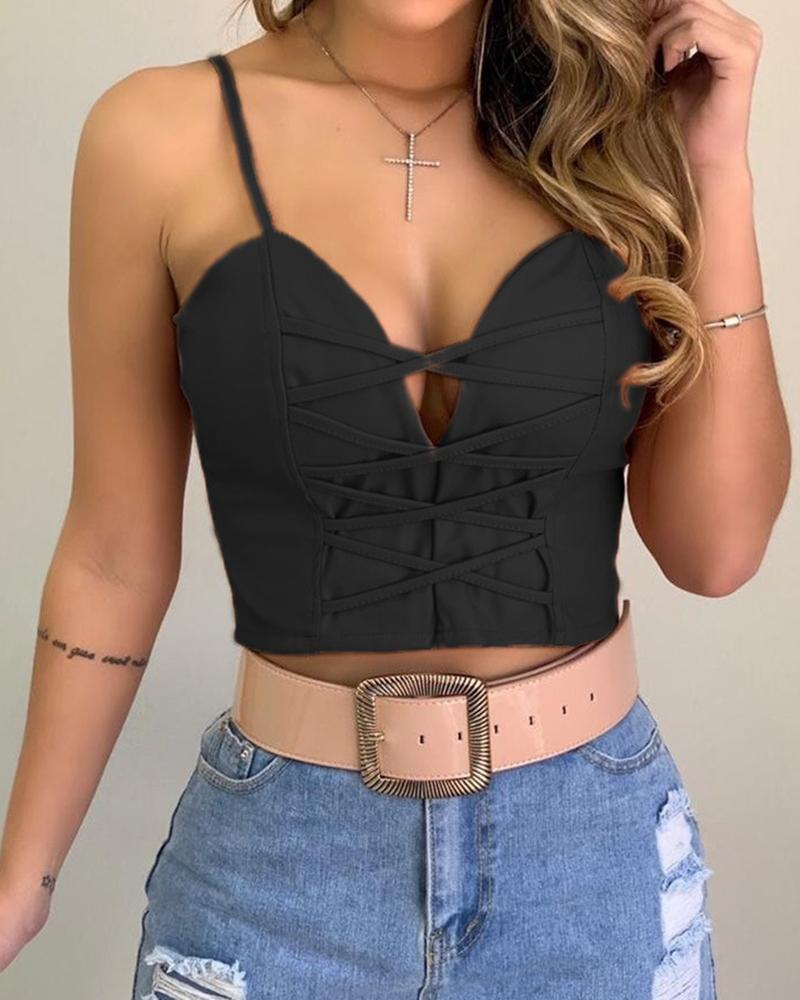 

Spaghetti Strap Plain Lace-up Crop Top, Black