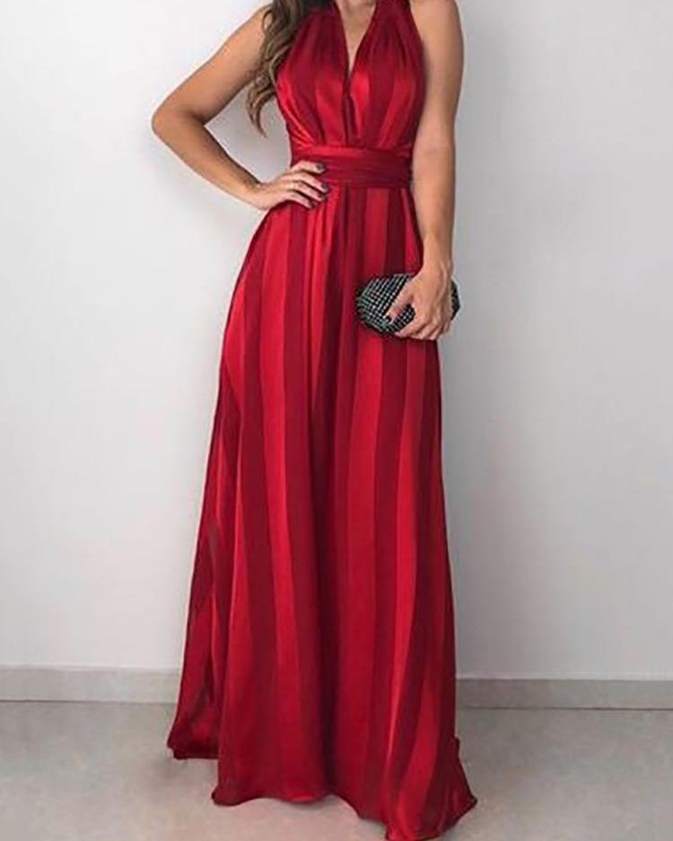 

Gradient Stripes V-Neck Sleeveless Evening Dress, Dark red