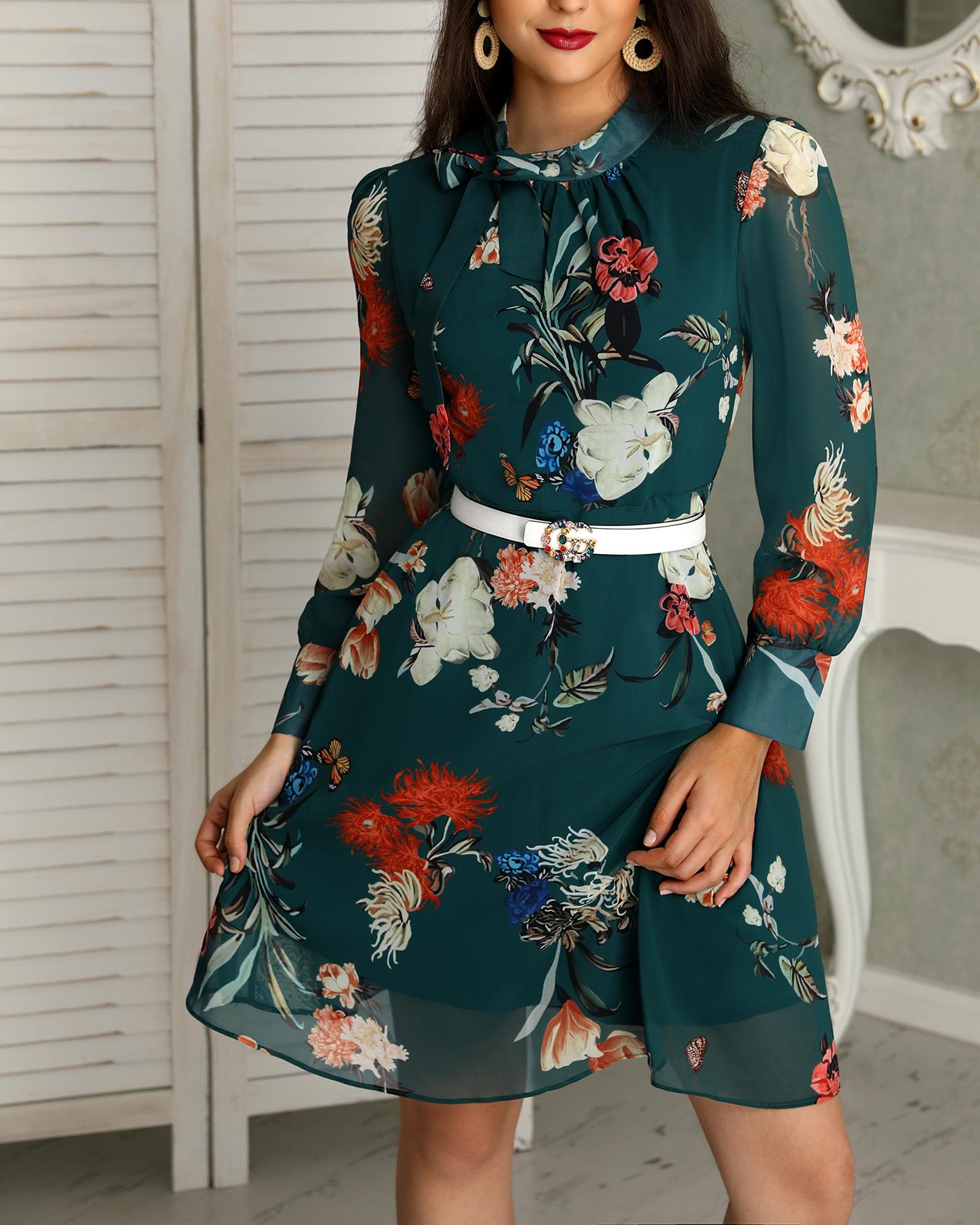 

Floral Print Tie Neck Long Sleeve Casual Dress, Green