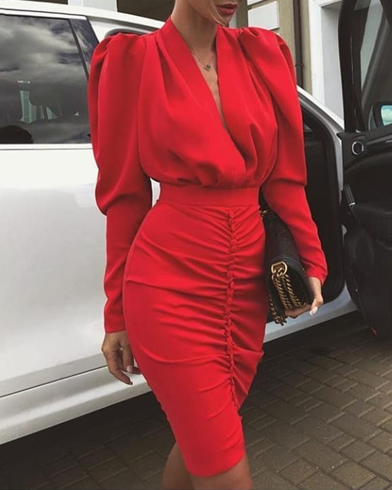 

Leg-of-Mutton Sleeve Plunge Party Dress, Red