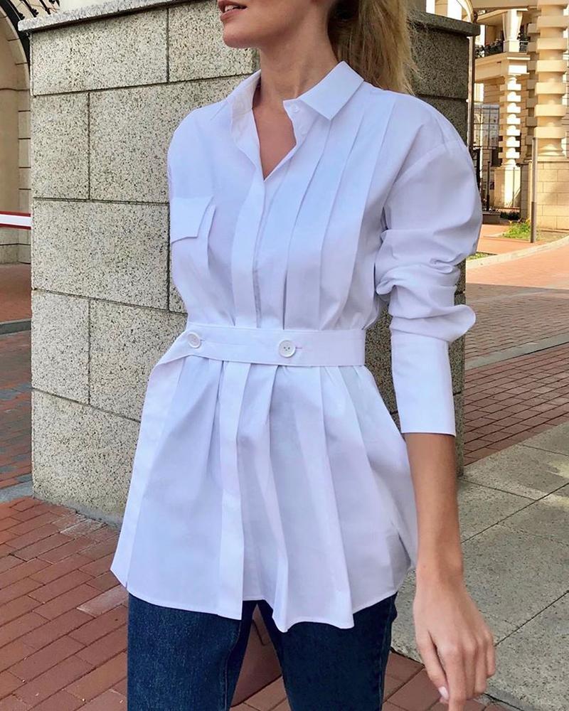 

Pocket Button Long Sleeve Ruched Shirt, White