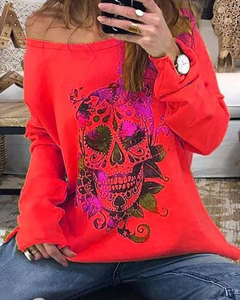 

Skull Floral Print Long Sleeve Casual Sweatshirt, Red