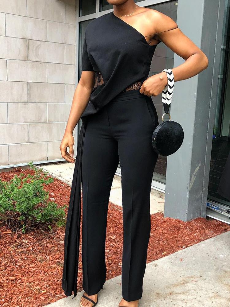 

One Shoulder Lace Splicing Ruched Jumpsuits