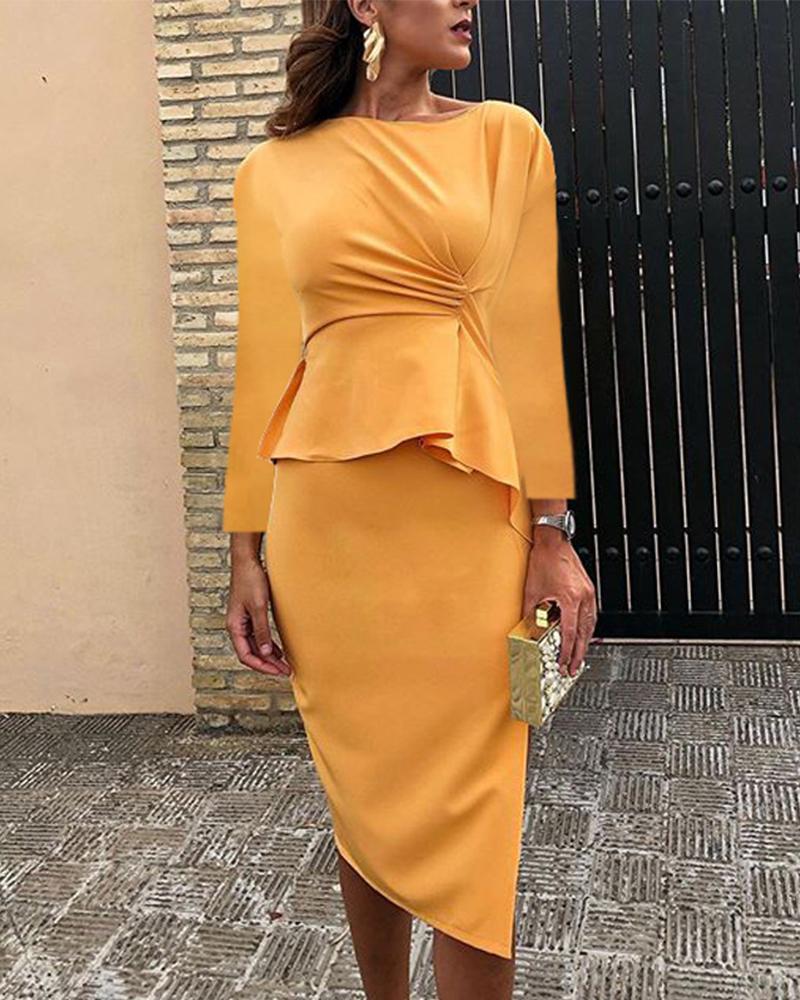 

Solid Side Slit Two-Piece Dress, Yellow