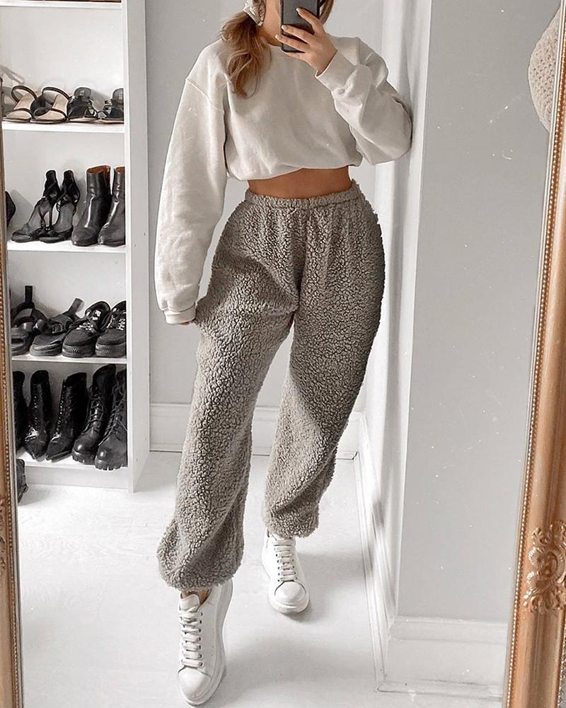 

Solid High Waist Fluffy Casual Pants, Gray