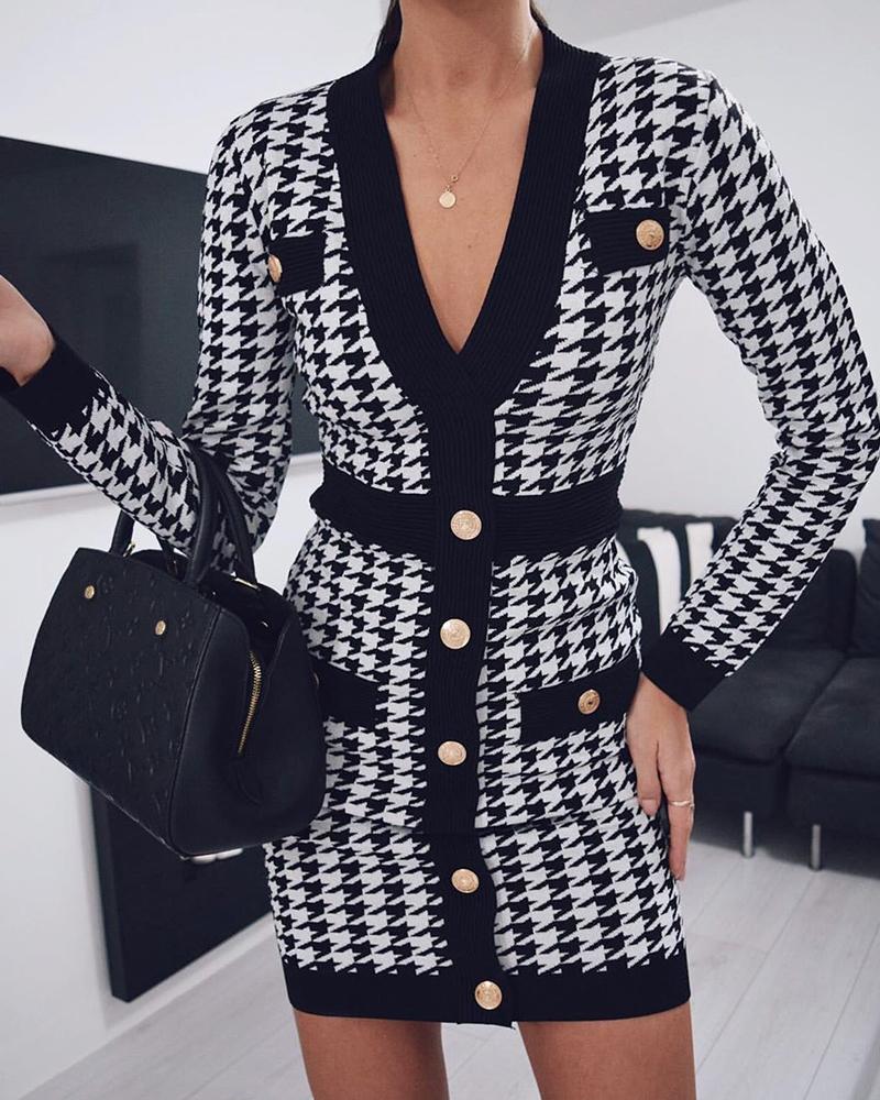 

Houndstooth Button Front Blazer Dress, Black