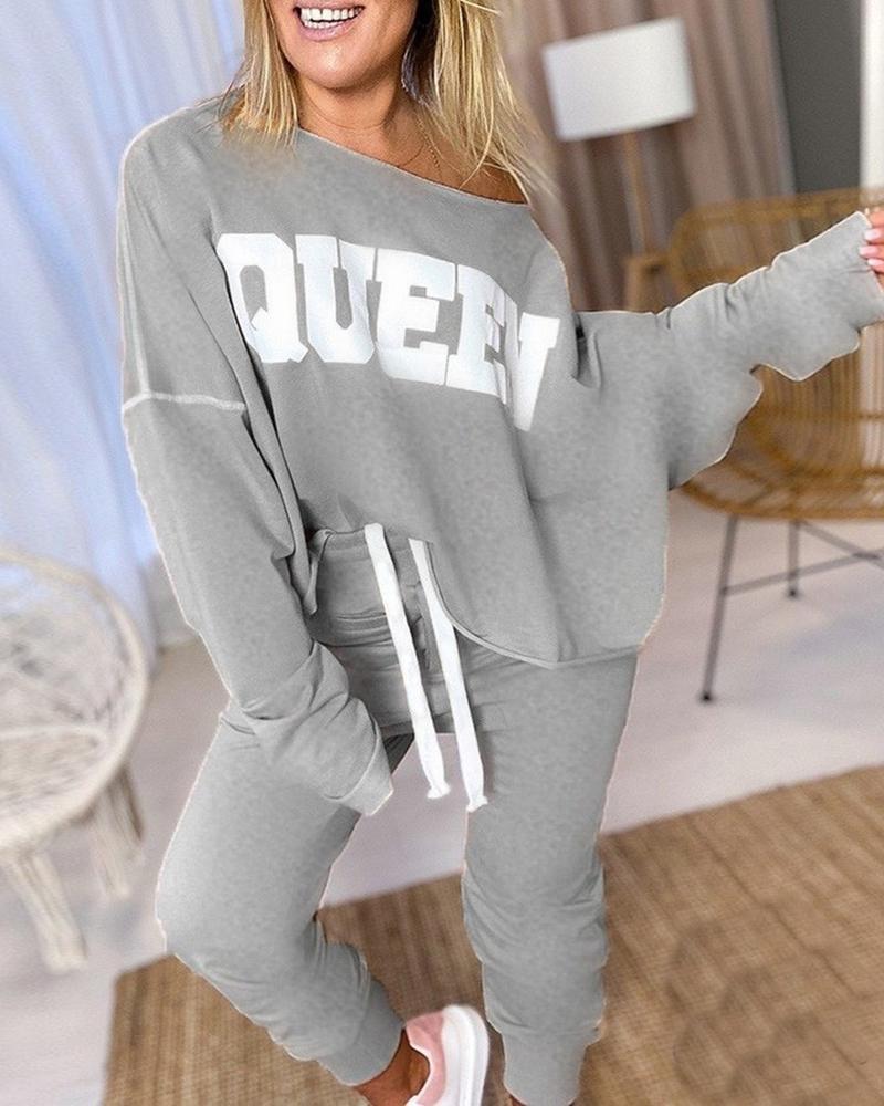

Letter Print Casual Top & High Waist Pants Set, Gray