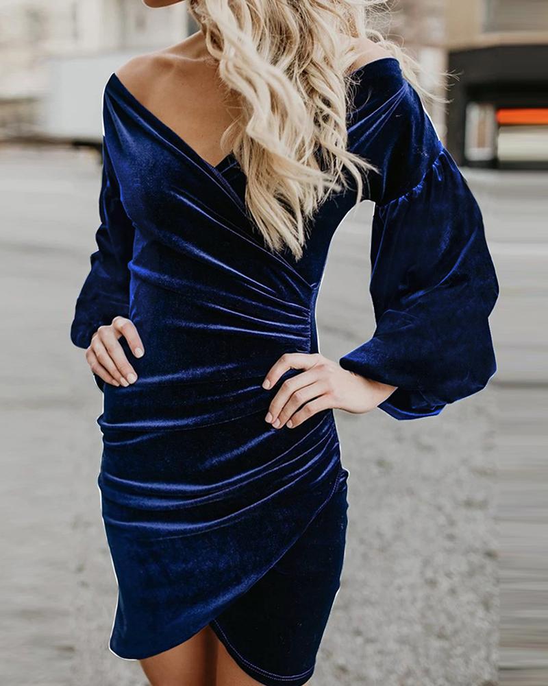 

V Neck Velvet Bodycon Dress, Blue