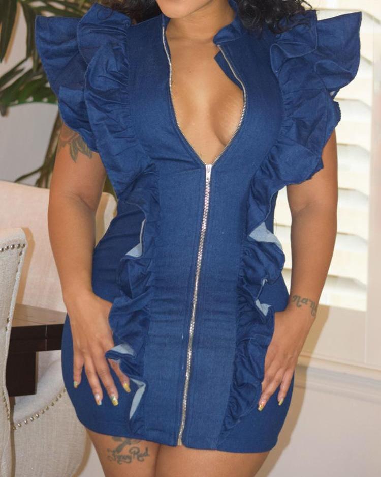 

Ruffles Design Denim Bodycon Dress