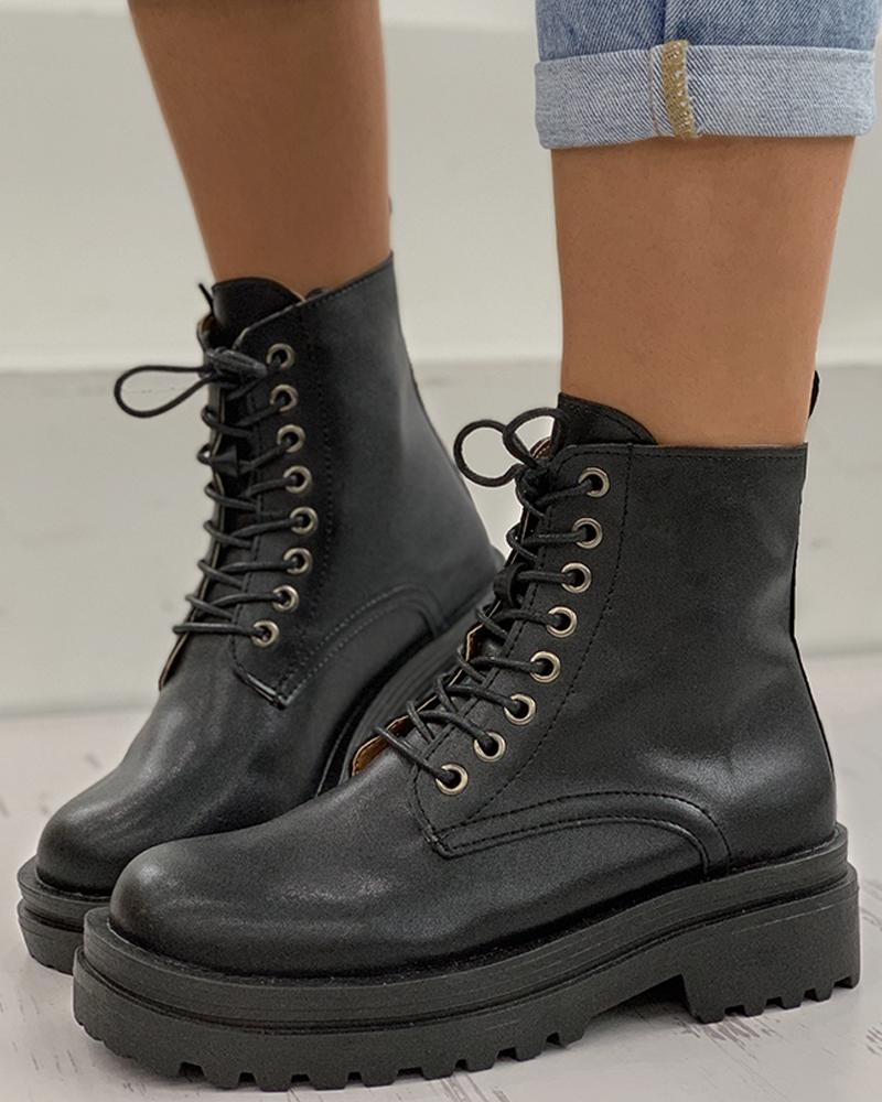 

Eyelet Lace-up Heeled Combat Boots, Black