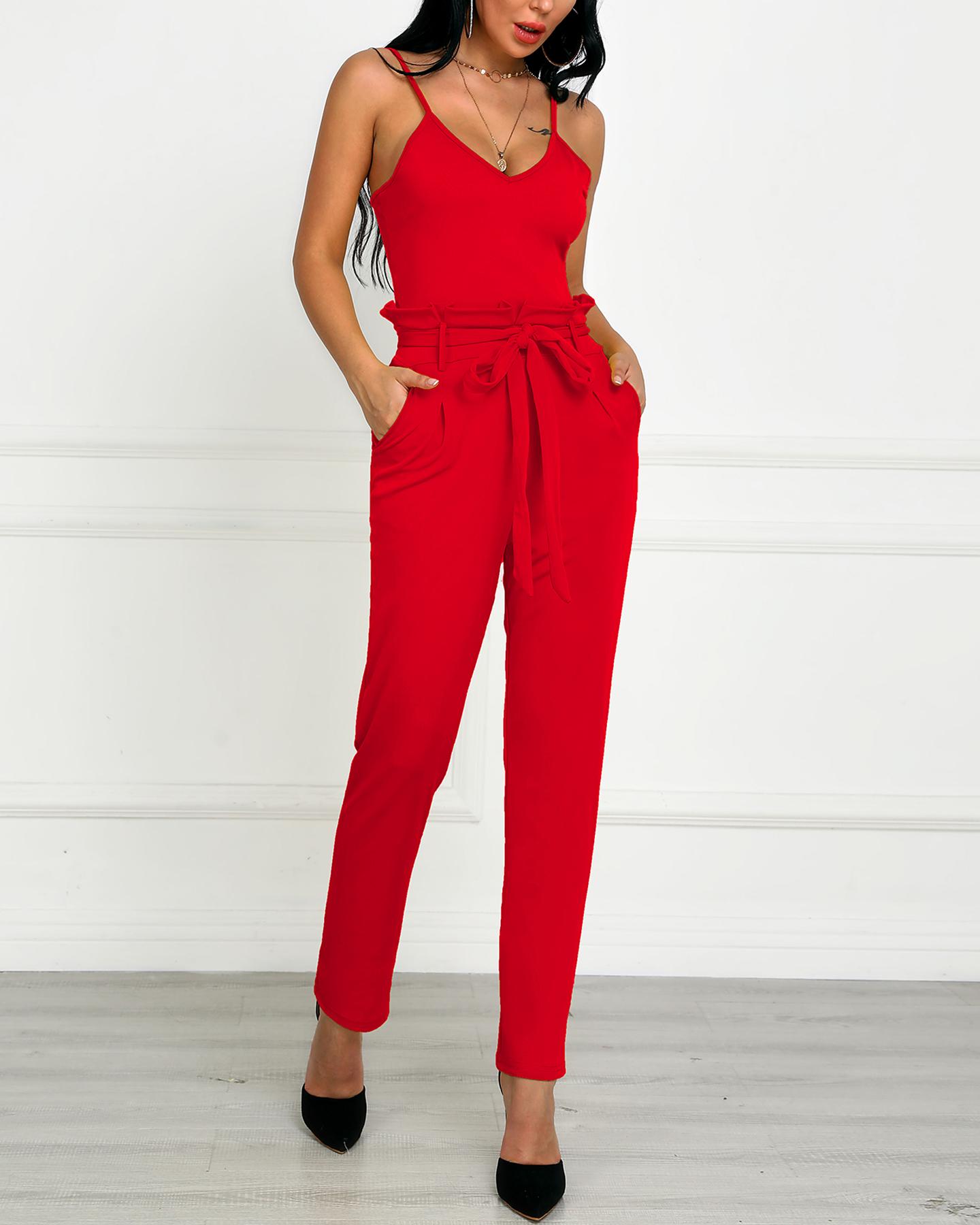 

Spaghetti Strap Ruffled Waist Belted Jumpsuits, Orange