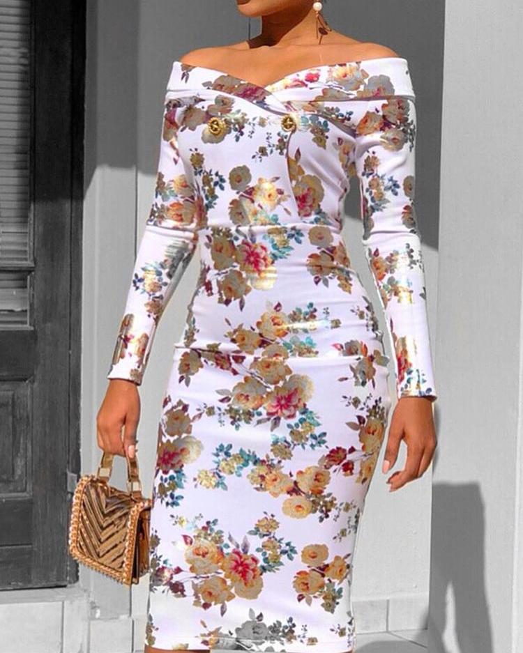 

Cross Over Off Shoulder Floral Print Bodycon Dress, White