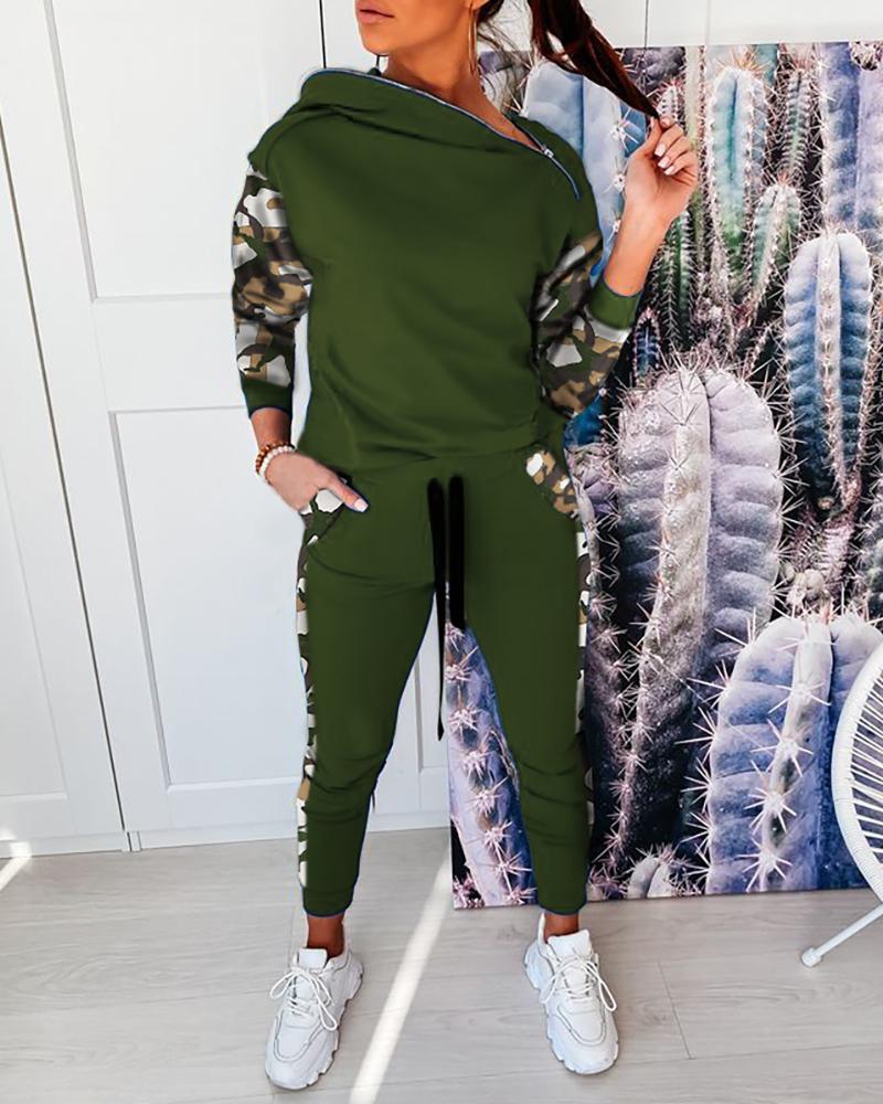 

Camouflage Long Sleeve Hooded Top & Pockets Pants Set, Green